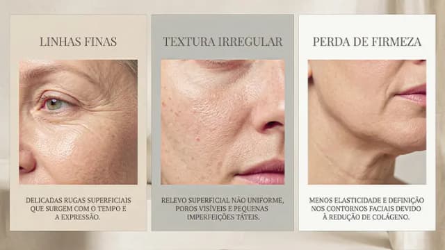 comparação conceitual entre linhas finas, textura irregular e perda de firmeza