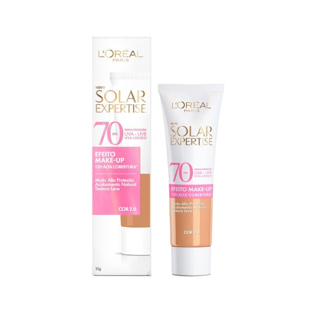 L'Oréal Paris Solar Expertise Efeito Make-Up, Protetor Solar com Cor FPS 70, Cobertura de Maquiagem por até 12h, Tripla Proteção Solar contra raios UVB, UVA, UVA Longo e Luz Visível Cor 2.0, 30g