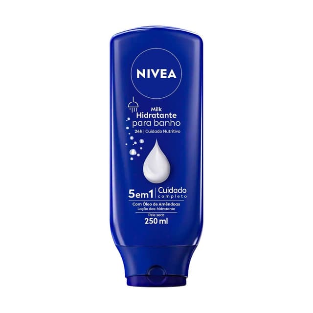 NIVEA Hidratante para Banho Milk 250ml, Cuidado Nutritivo 24h, Uso no Banho, Óleo de Amêndoas, Sensação de Maciez, Pele Seca