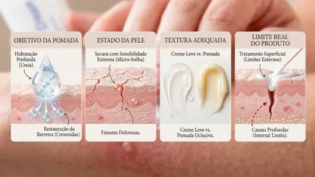 Diagrama com quatro critérios para escolher pomada em queimadura leve